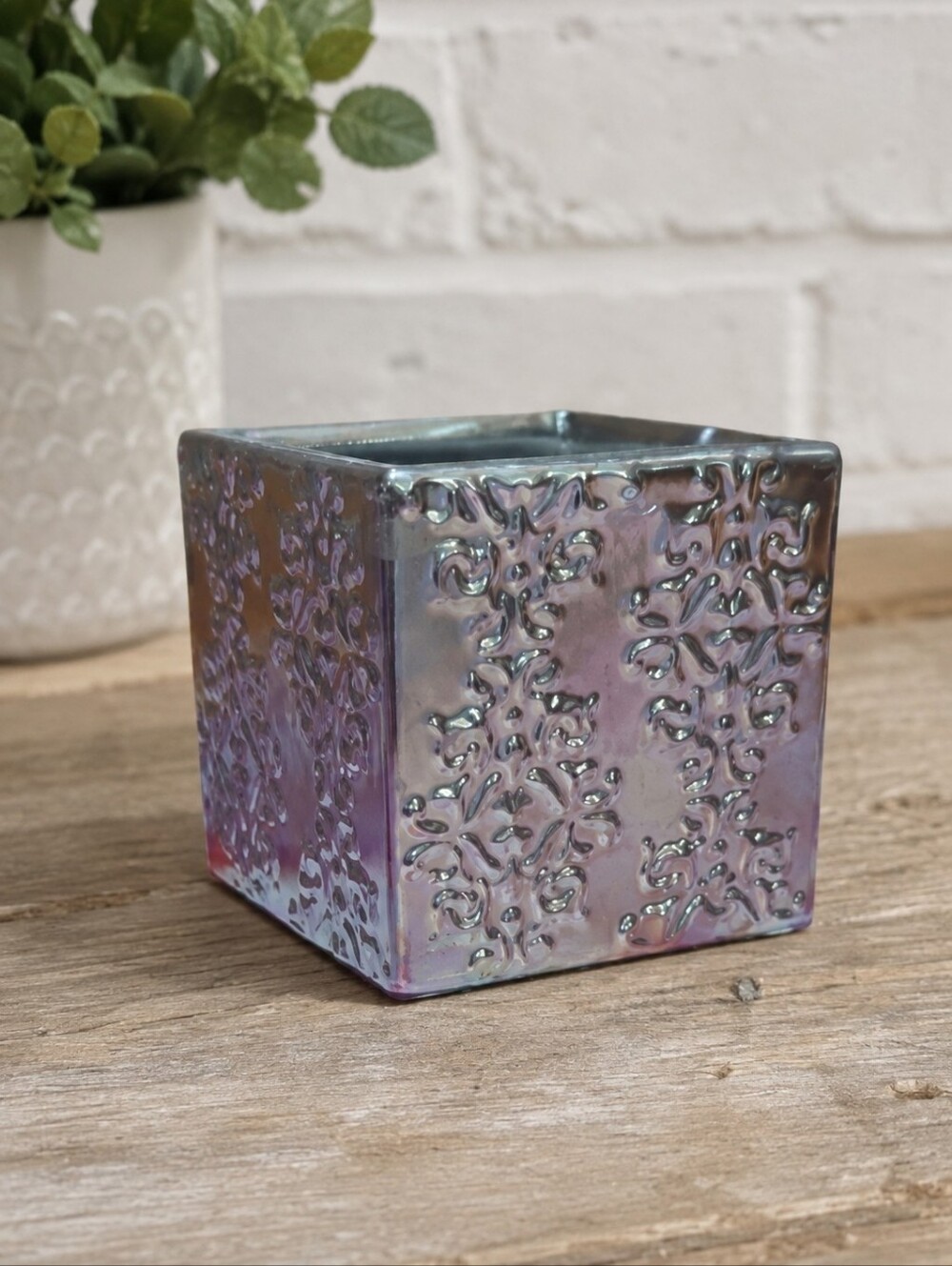 Decorative Silver Floral Embossed Cube Square Vase/ Candle Holder